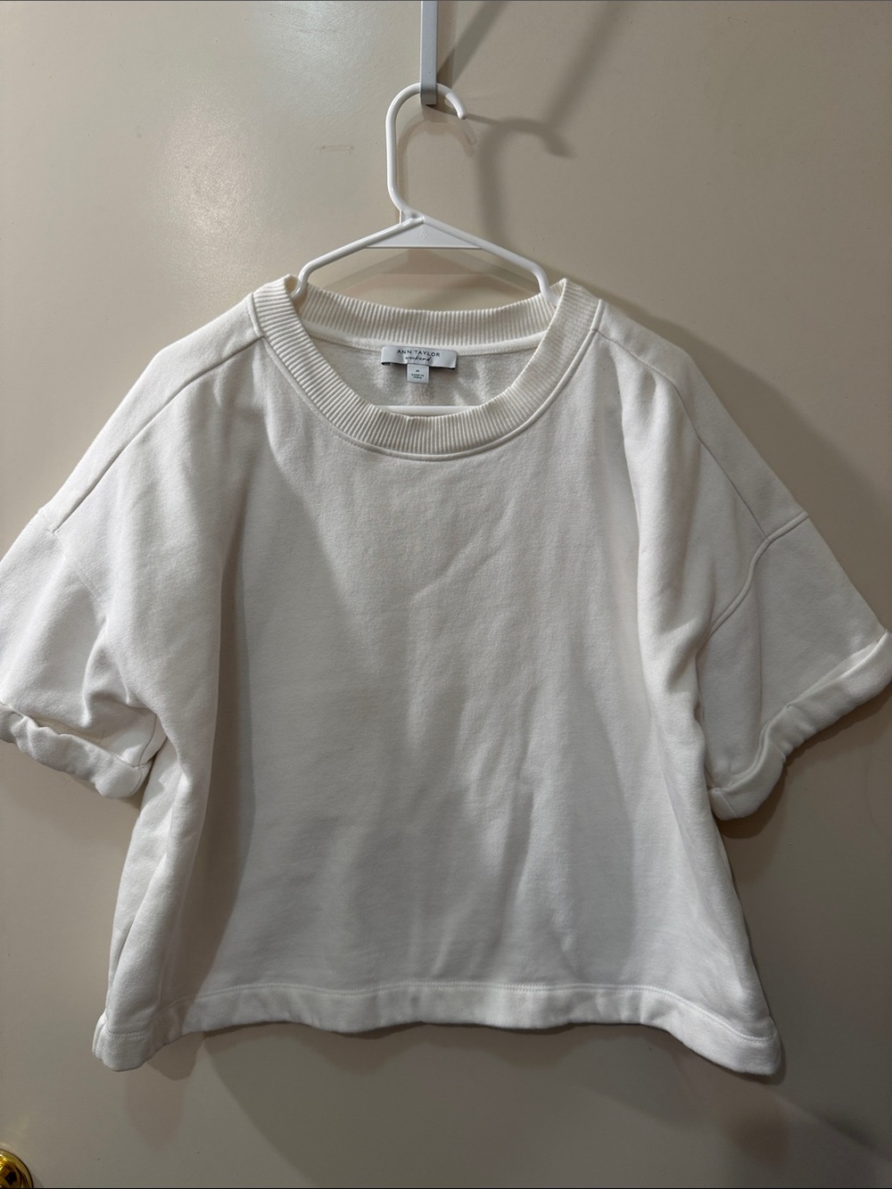 Ann Taylor Cream Boxy Cropped Crewneck Top